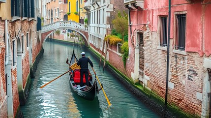 Gondolier carries tourists on gondola in canal of Venice, Italy. Traditional Venice gondola on famous canal. Beautiful Venice view - obrazy, fototapety, plakaty