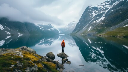 Man traveling alone in mountains Travel lifestyle exploring concept adventure outdoor summer vacations in Norway wild nature water reflection 