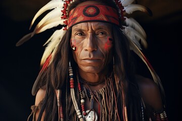 Obraz premium Portrait of native American chief in traditional headdress looking at camera