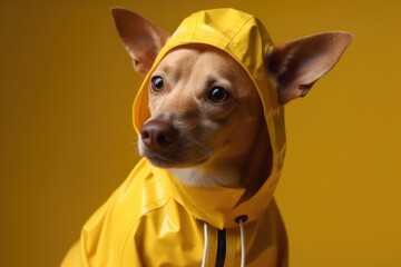 funny chihuahua dog posing in a yellow raincoat on a yellow background. raincoat for dogs .generative AI