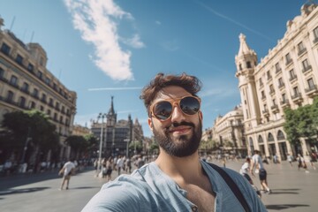 Happy tourist in sunglasses in Barcelona, Spain - Smiling man taking selfie on city street -...