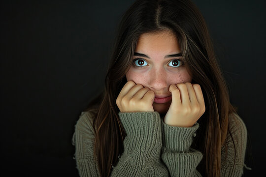 Nervous Latin teenage girl and biting nails in studio with oops reaction to gossip on black background. Mistake, sorry, drama or secret with regret, shame or awkward