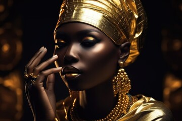 Fantasy beauty portrait of an African American goddess in a golden dress. turban on the head. Gold glitter luxury art glamorous professional makeup on the face. sexy girl studio photo.
