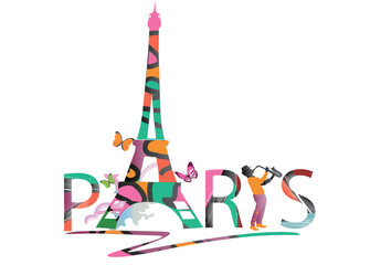 Abstract colorful Lettering Paris decorated with summer and spring butterflies. Hand drawn vector illustration. - 729562189