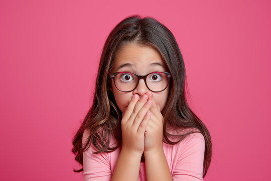 Nervous school girl in studio with oops reaction to gossip on pink background. Mistake, sorry, drama or secret with regret, shame or awkward