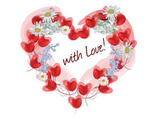 Heart from little red hearts decorated with flowers for romantic background. Hand drawn vector illustration. - 729562310