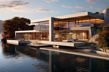 Fototapeta premium Large luxury lake side villa with two floors and scenic view