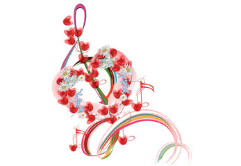 Abstract musical design with a treble clef and musical flowers, notes and hearts. Love music. Hand drawn vector illustration. - 729562384