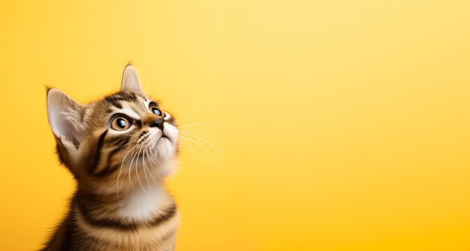Cat looking up at yellow background