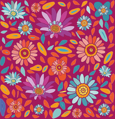 Abstract vector hand-drawn floral bouquet 
 pattern, small flowers, and leaves on a white background.