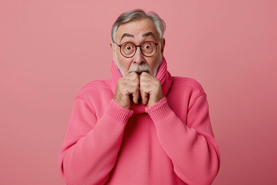 Nervous senior man in studio with oops reaction on pink background. Mistake, sorry, drama or secret with regret, shame or awkward