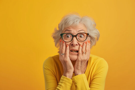 Nervous senior woman and in studio with oops reaction on yellow background. Mistake, drama or secret with regret, shame or awkward
