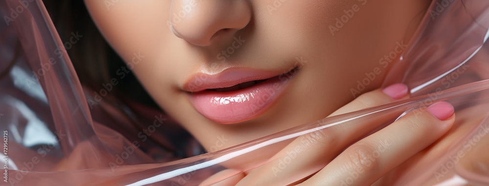 Wall mural A wide panoramic macro closeup photo of a cute lady face with beautiful facial makeup, pink color lips and smooth skin 