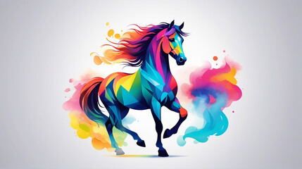 Fototapeta premium Minimalist Neon Line Horse Logo with Geometric Design, Vibrant Smoke Effects White Background with t-shirt design ai art