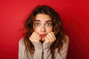 Nervous woman in studio with oops reaction on red background. Mistake, sorry and female overwhelmed by fake news, drama or secret with regret.