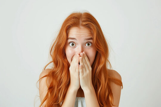 Nervous teenager girl in studio with oops reaction on white background. Mistake, sorry, drama or secret with regret, shame or awkward