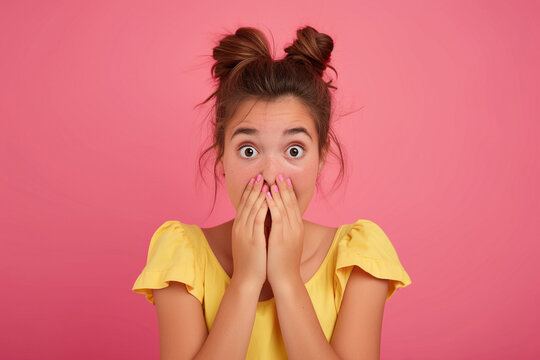 Nervous teenager girl in studio with oops reaction on pink background. Mistake, sorry, drama or secret with regret, shame or awkward