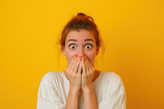 Nervous woman in studio with oops reaction on yellow background. Mistake, sorry and female overwhelmed by fake news, drama or secret with regret.