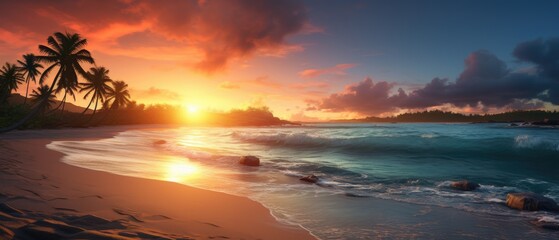Fototapeta na wymiar sea sandy beach. Panoramic beach landscape. tropical beach seascape. Orange and golden sunset sky, calm, relaxing sunshine, summer mood. Vacation travel banner