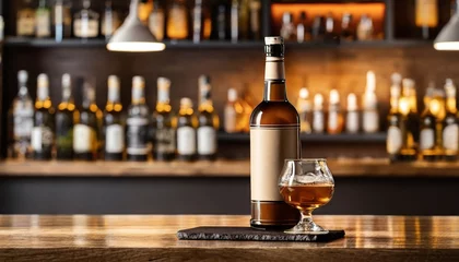 Foto op Plexiglas pub bottle of alcohol and glass on bar counter © Jayla
