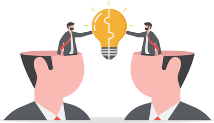 Understanding lead to success, agreement or think together to find solution to solve problem, insight or team communication concept, businessmen partner open their head to connect lightbulb jigsaw.

