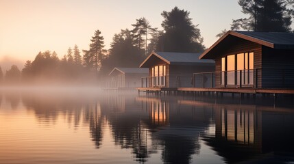 Obraz premium Row of Cabins Overlooking Lake and Forest