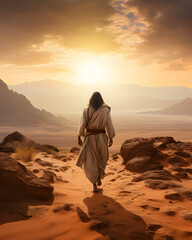 Fototapeta na wymiar Jesus Christ walking in the desert - from behind