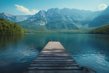 Lake in the Morning, Majestic Mountain View: Calm Lake at Sunrise - Powered by Adobe