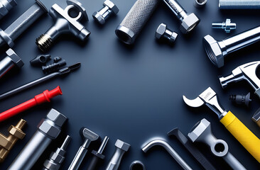 Plumbing concept. Tools and pipes on a dark background, flat lay, copy space