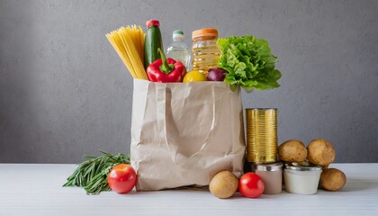 various grocery items in paper bag on white table opposite gray wall bag of food with fresh vegetables fruits pasta and canned goods food delivery shopping or donation concept copy space
