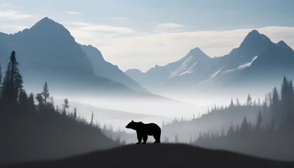 minimal wilderness landscape with bear silhouette and misty mountains