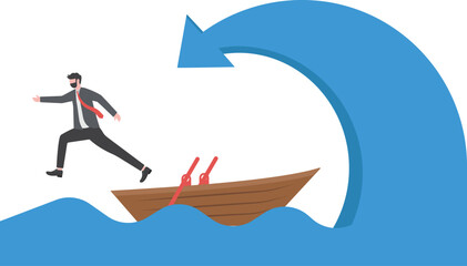 Risks and challenges of business. a businessman jumps out of a boat to escape the arrow waves.