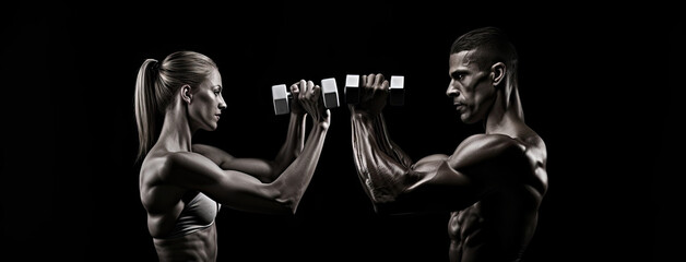 Fototapeta na wymiar Two Athletic Individuals Engaging in an Intense Dumbbell Workout Against a Black Background