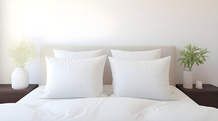 set of white pillows on the bed  - obrazy, fototapety, plakaty