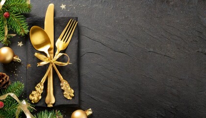 Obraz na płótnie Canvas a banner with golden cutlery on a black stone table representing a table setting for christmas or new year it can be used as a card menu template or for any other purpose has copy space and