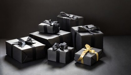 black gift boxes arranged on dark background black friday discounts concept