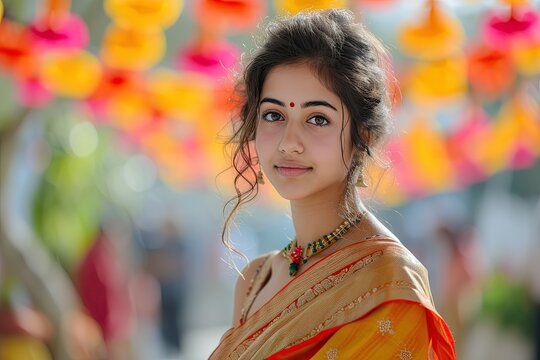 Indian young woman wearing traditional sari clothing during a festival in India