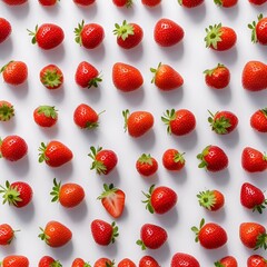 AI generated illustration of fresh strawberries with leaves arranged on a white surface