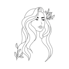 Portrait of a girl with long hair, with flowers in her hair and on her body. Line art.