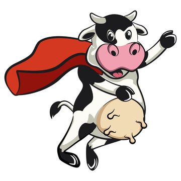 vector isolated clip art illustration of cute cow mascot being superhero with a cape, work of handmade