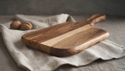 walnut handmade wood cutting board on the linen