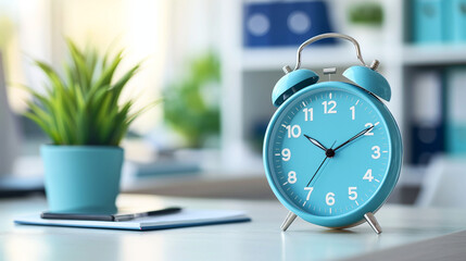 close-up of a blue alarm clock with a potted plant and notebook in the background, suggesting a tidy and organized work space