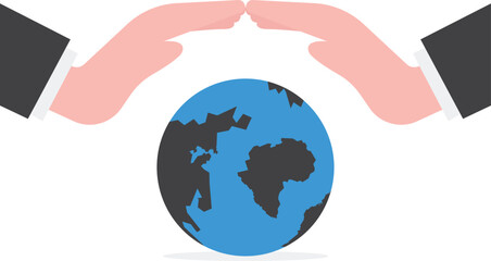 Save the world, peace or ecology, sustainability and environment protection, world care and support concept, businessman hand holding planet earth with care.


