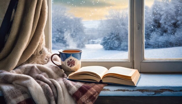 a comforting winter scene featuring a cup of hot tea and an open book placed on a vintage windowsill covered by a cozy plaid blanket this picture is set against the snowy landscape outside