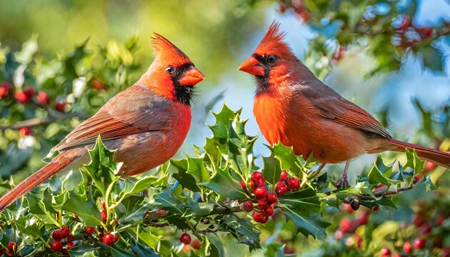 red bird or northern cardinal mates perched on holly branches