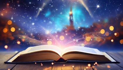 an open book with a magical fantasy night view with a book the magical power of reading and words...