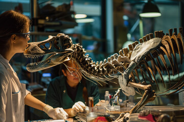 Scientists reconstructing a dinosaur skeleton in a laboratory, surrounded by modern technology, illustrating ancient history with scientific investiga