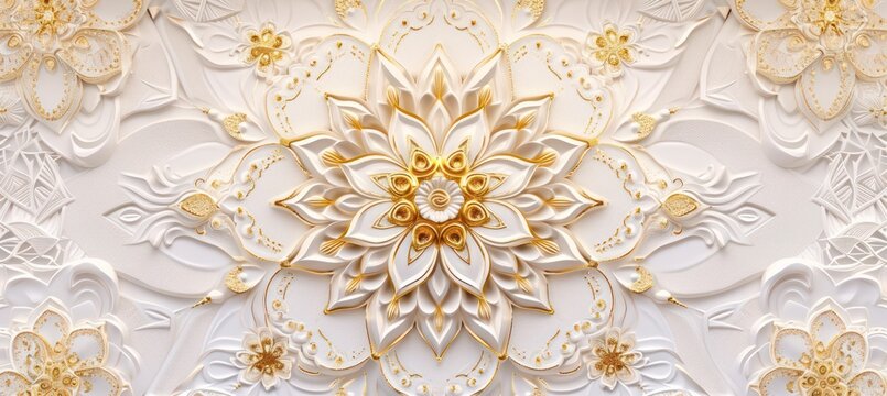 Fototapeta 3d wallpaper for ceiling with white and golden mandala decoration model and decorative frame background