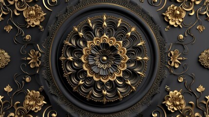 Black and golden mandala decoration model stands out against the decorative frame background in this 3D ceiling wallpaper.