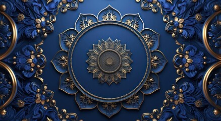 Decorative 3D wallpaper for the ceiling adorned with a blue and golden mandala design within a decorative frame backdrop.